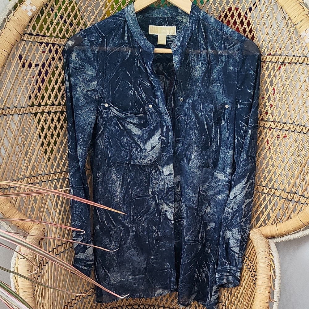 Michael Kors Blue Denim Blouse with Vintage Mottled Design